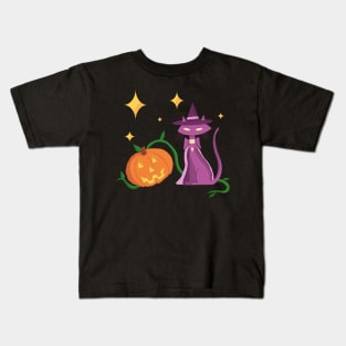 Spooky and Cute Halloween Witch Cat and Pumpkin in Mid-Century Style Kids T-Shirt